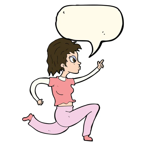 Cartoon woman running and pointing with speech bubble — Stock Vector