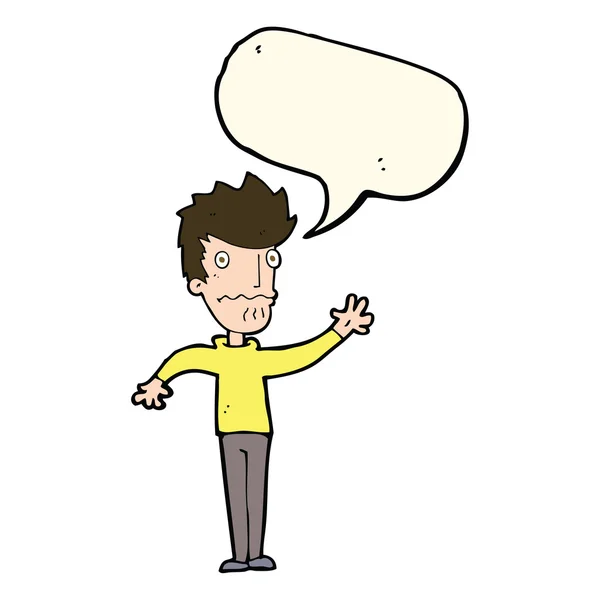 Мультфильм обеспокоенный человек тянется с мыльным пузырем речи — стоковый вектор