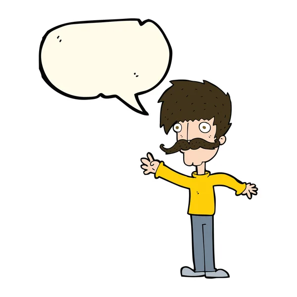 Мультфильм размахивая усами человек с пузырьком речи — стоковый вектор