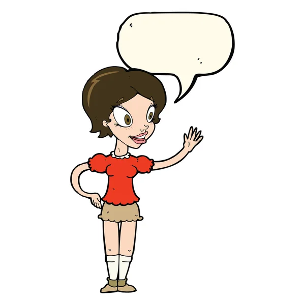 Cartoon waving woman with speech bubble — Stock Vector