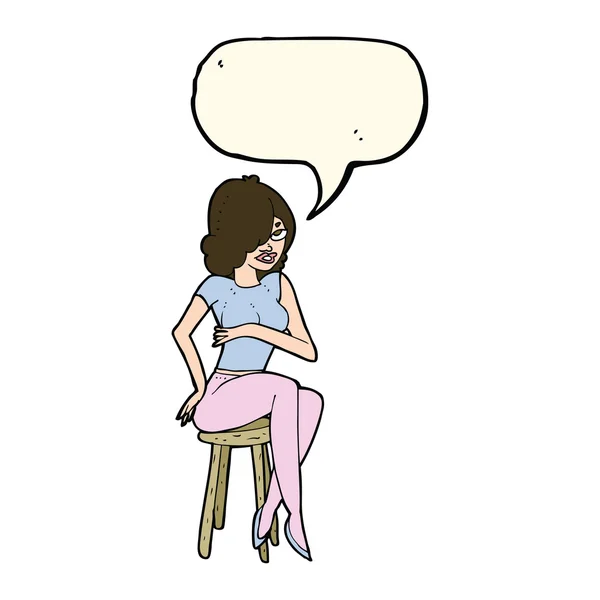 Γελοιογραφία γυναίκα που κάθεται στο μπαρ σκαμπό με το συννεφάκι λόγου — Διανυσματικό Αρχείο