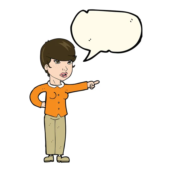 Mujer de dibujos animados señalando dedo de la culpa con la burbuja del habla — Vector de stock