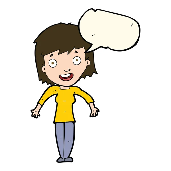 Cartoon woman shrugging shoulders with speech bubble — Stock Vector