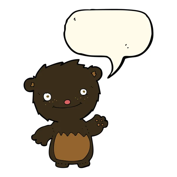 Dibujos animados ondeando cachorro de oso negro con burbuja de habla — Vector de stock
