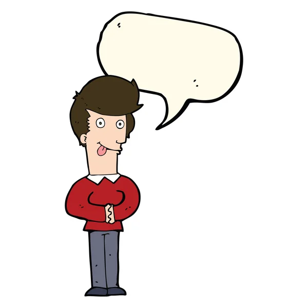 Hombre de dibujos animados sobresaliendo de la lengua con la burbuja del habla — Vector de stock