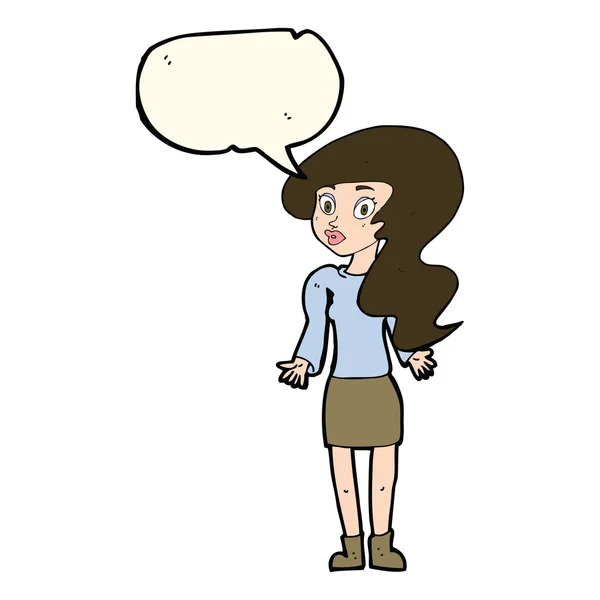 Cartoon woman shrugging shoulders with speech bubble — Stock Vector