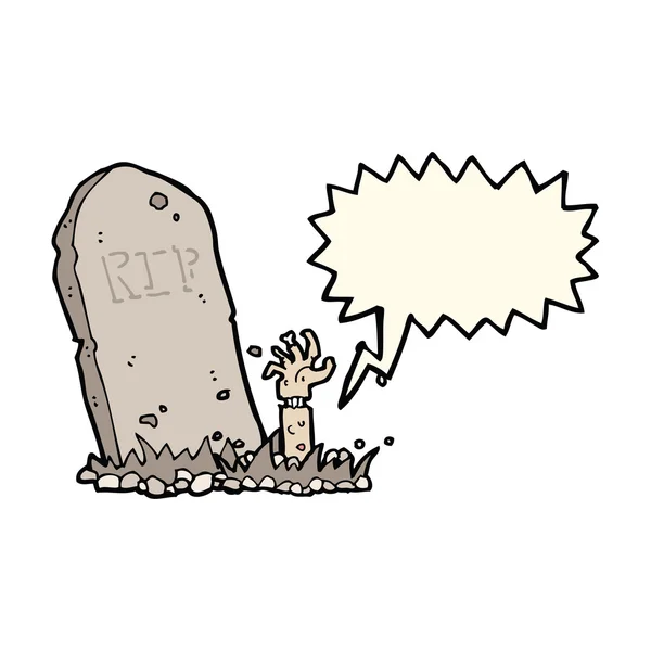 Zumbi dos desenhos animados subindo da sepultura com bolha de fala — Vetor de Stock