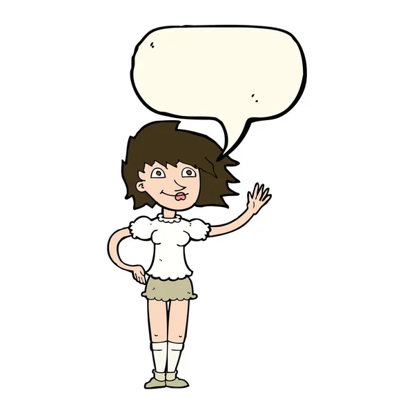 Cartoon mulher acenando com bolha de fala —  Vetores de Stock