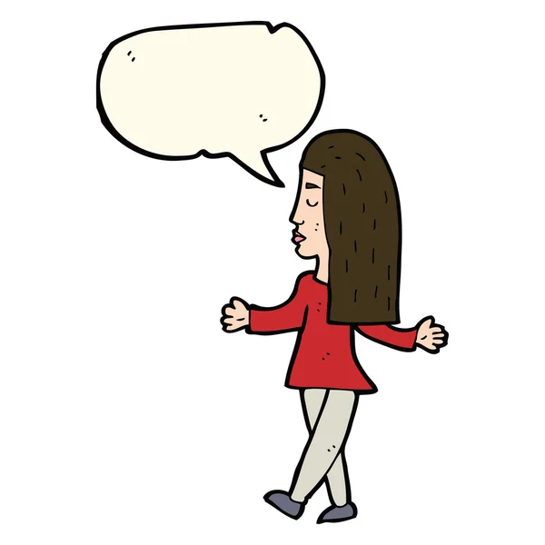 Mujer de dibujos animados hombros encogiéndose de hombros con burbuja del habla — Archivo Imágenes Vectoriales