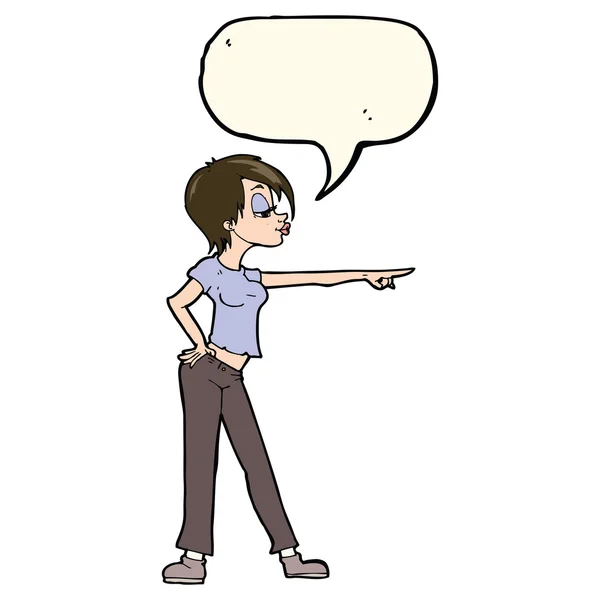 Cartoon hip mulher apontando com bolha de fala — Vetor de Stock