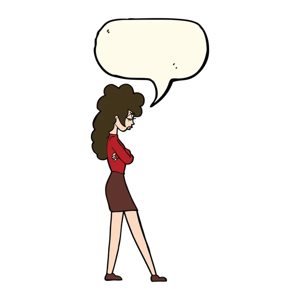 Cartoon annoyed woman with speech bubble — Stock Vector