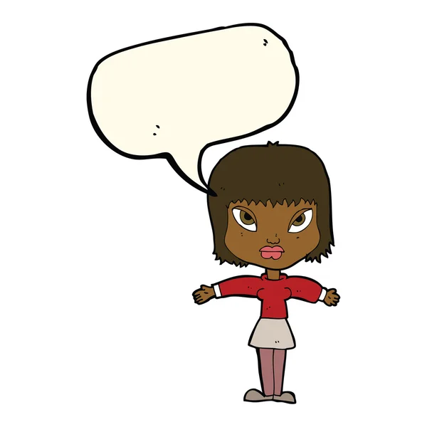 Mujer de dibujos animados con los brazos extendidos con burbuja del habla — Vector de stock