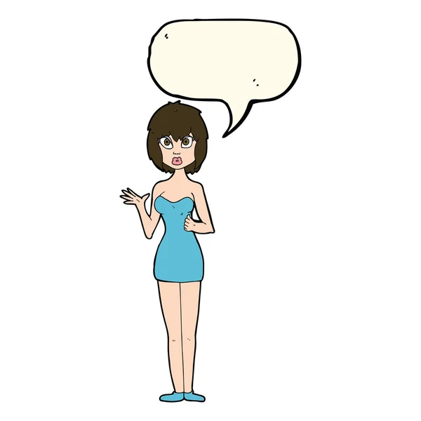 Dessin animé confuse femme en robe de cocktail avec bulle de parole — Image vectorielle