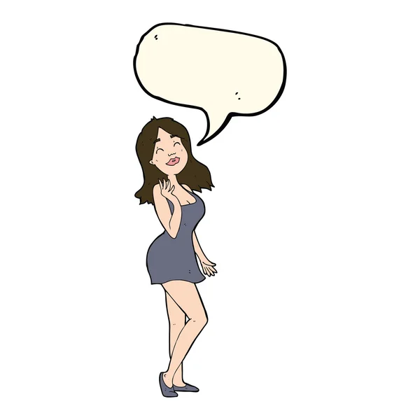 Dibujos animados mujer bonita en vestido de cóctel con burbuja de habla — Archivo Imágenes Vectoriales