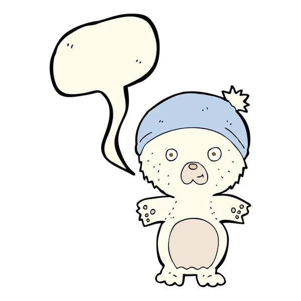 Dibujos animados lindo oso polar en sombrero con burbuja de habla — Vector de stock