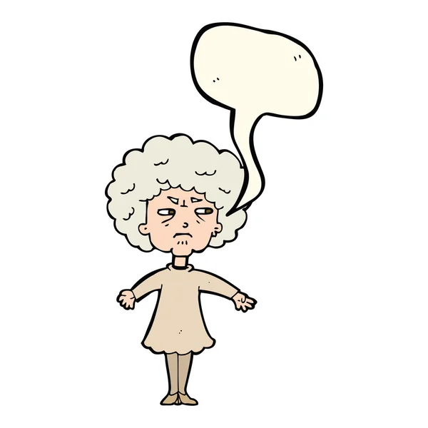 Cartoon bitter old woman with speech bubble — Stock Vector