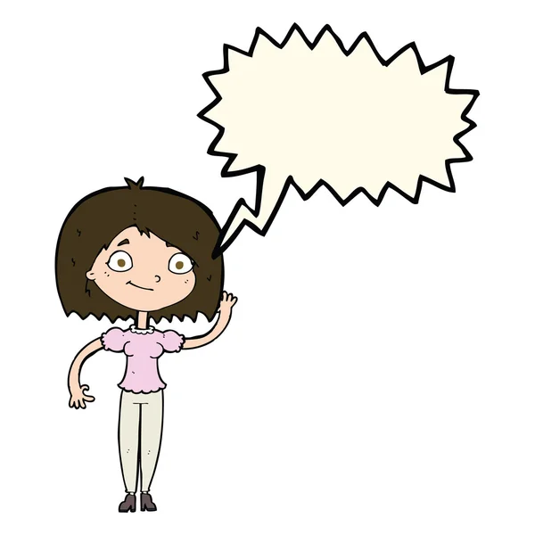 Cartoon mulher acenando com bolha de fala — Vetor de Stock