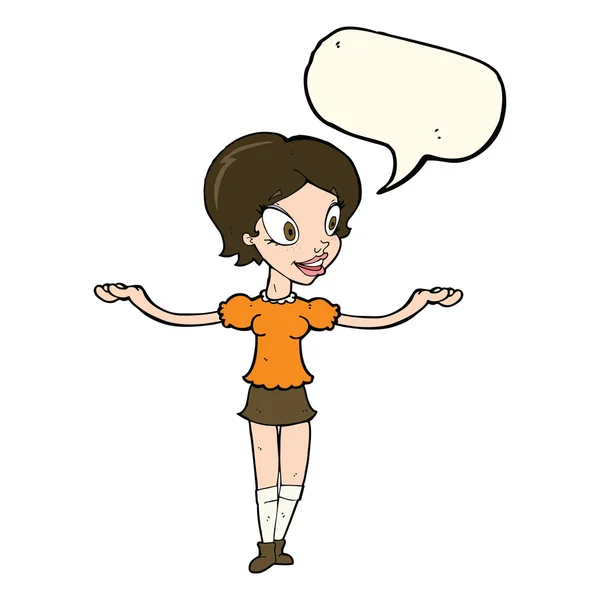 Cartoon woman with arms spread wide with speech bubble — Stock Vector