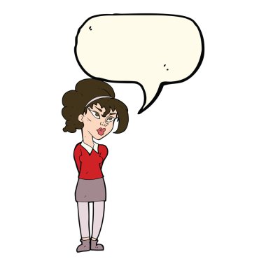 Çizgi filmdeki güzel kız başını konuşma baloncuğuyla eğiyor.