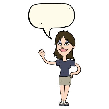 Çizgi film kadını konuşma balonuyla el sallıyor.