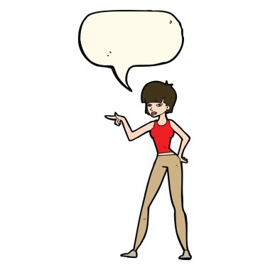 Çizgi filmdeki kadın konuşma balonunu işaret ediyor