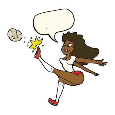 çizgi film bayan futbolcusu konuşma balonuyla topa vuruyor