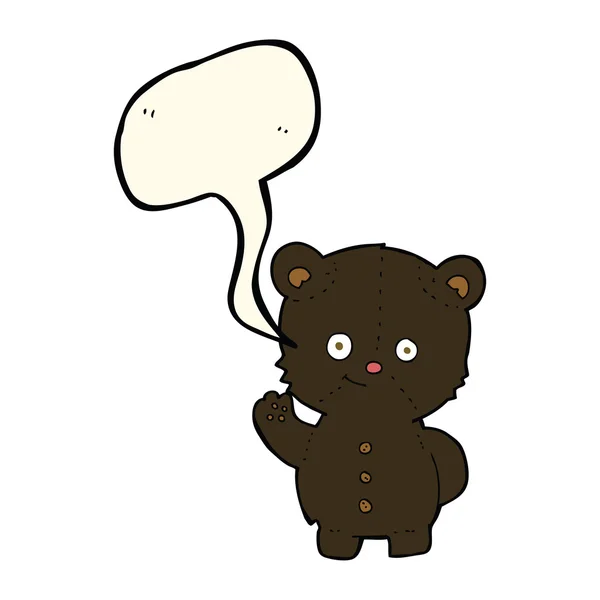Desenho animado acenando filhote de urso preto com bolha de fala — Vetor de Stock