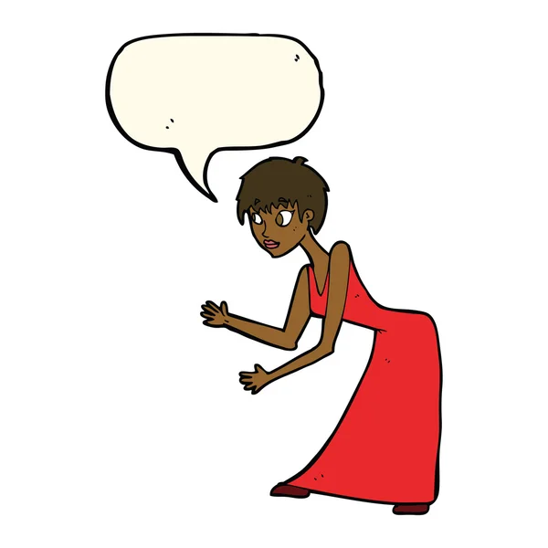 Mujer de dibujos animados en vestido gesto con la burbuja del habla — Archivo Imágenes Vectoriales
