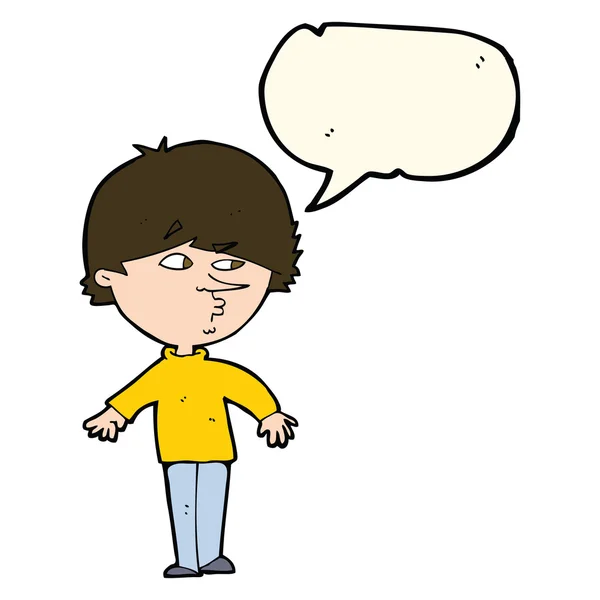 Karikatür şüpheli adam konuşma baloncuğu ile omzunun üzerinden bakıyor — Stok Vektör