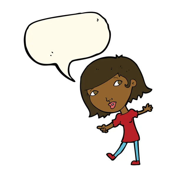Καρτούν χαρούμενο κορίτσι gesturing να ακολουθήσει με φούσκα ομιλία — Διανυσματικό Αρχείο