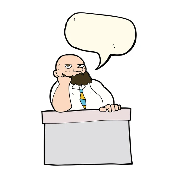 Cartoon bored man at desk with speech bubble — Stock Vector