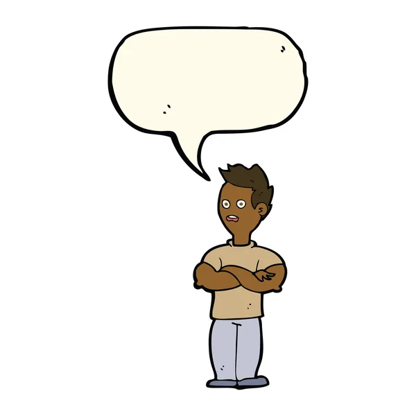Homme dessin animé avec bras croisés avec bulle de parole — Image vectorielle