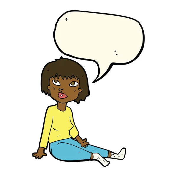 Mujer de dibujos animados sentada en el suelo con burbuja del habla — Vector de stock