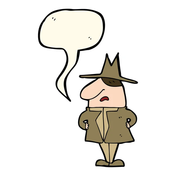 Homem dos desenhos animados no casaco e chapéu com bolha de fala — Vetor de Stock