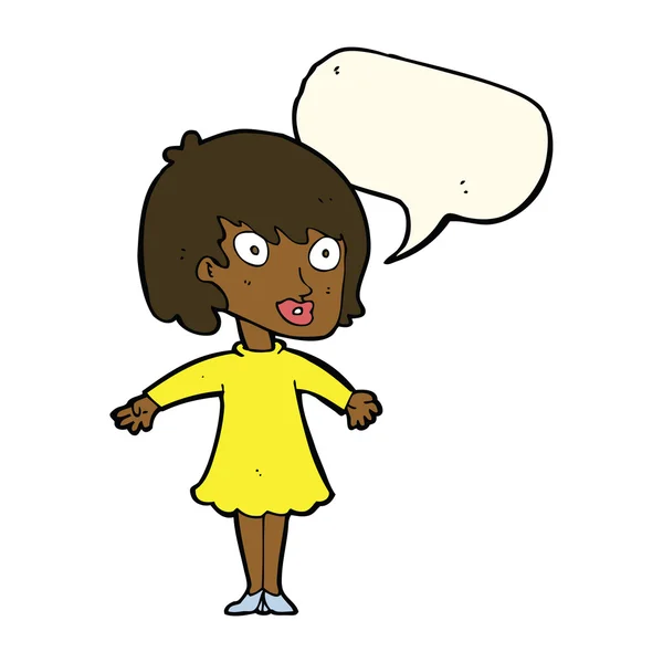 Karikatür konuşma balonu ile elbise giyen kadın — Stok Vektör