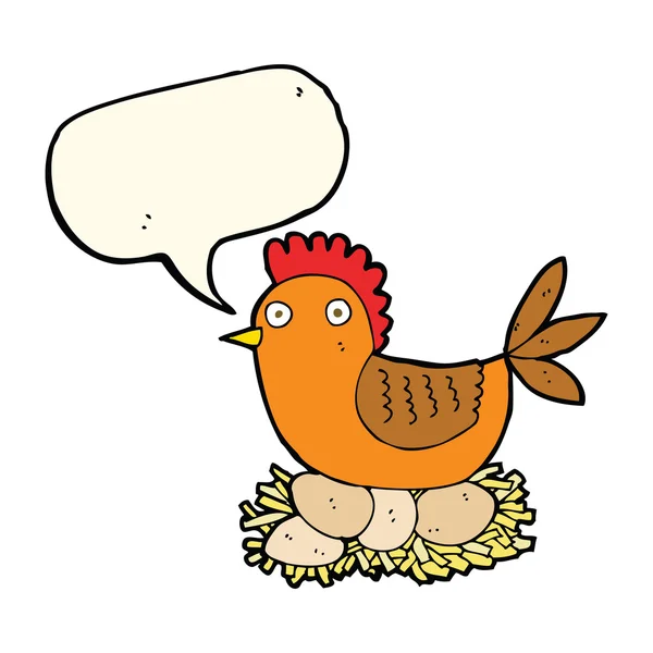 Cartoon hen on eggs with speech bubble — Stock Vector