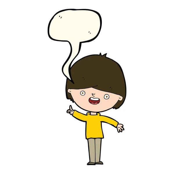 Desenho animado menino feliz com bolha de fala — Vetor de Stock