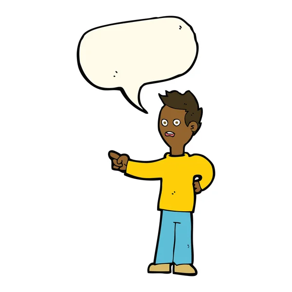 Dibujos animados chocado chico apuntando con el habla burbuja — Archivo Imágenes Vectoriales