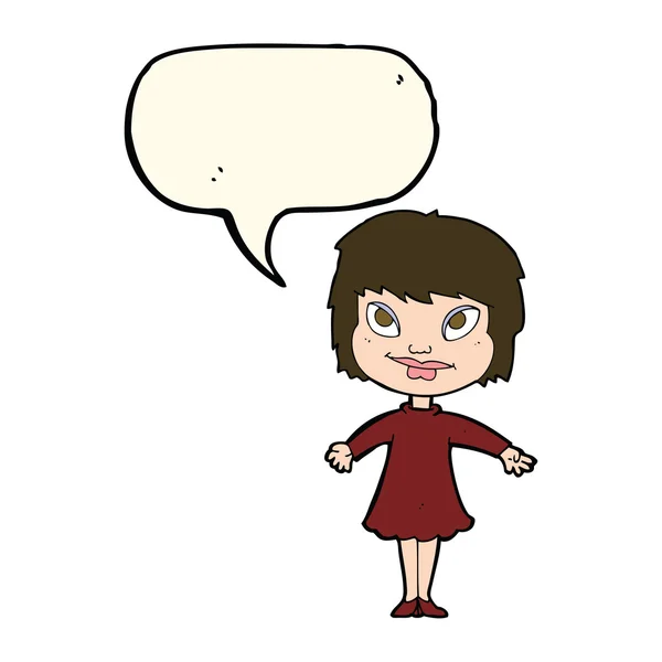 Chica de dibujos animados hombros encogiéndose de hombros con burbuja del habla — Vector de stock