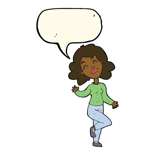 Karikatür mutlu kadın konuşma balonu ile dans — Stok Vektör