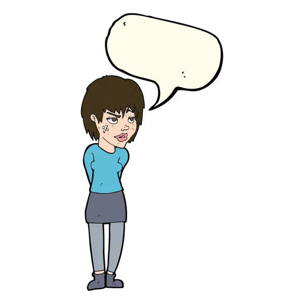 Cartoon vrouw met gips op gezicht met tekstballon — Stockvector