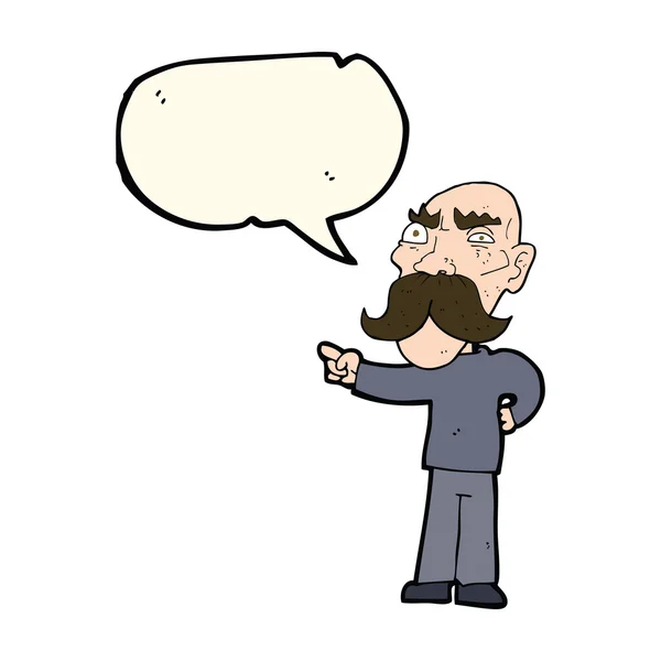 Cartoon geïrriteerde oude man wijzen met spraakzeepbel — Stockvector