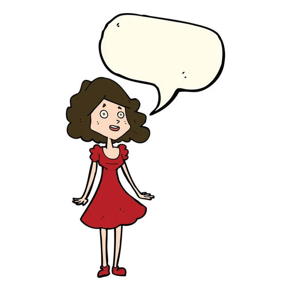 Ευτυχισμένη γυναίκα κινουμένων σχεδίων στο φόρεμα με το συννεφάκι λόγου — Διανυσματικό Αρχείο