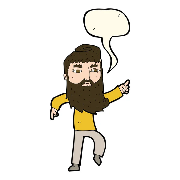 Desenho animado barbudo homem apontando o caminho com bolha de fala — Vetor de Stock