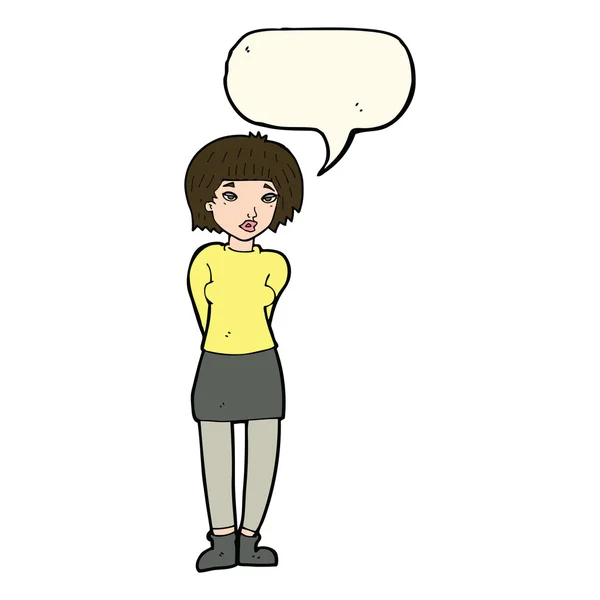 Cartoon shy woman with speech bubble — Stock Vector