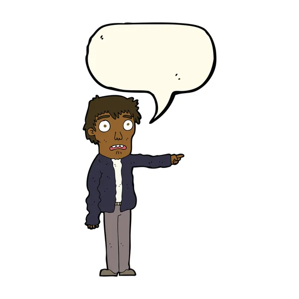 Cartoon terrified man pointing with speech bubble — Stock Vector