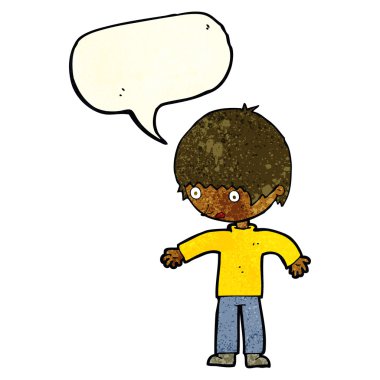 çizgi filmdeki kafası karışmış çocuk konuşma baloncuğuyla