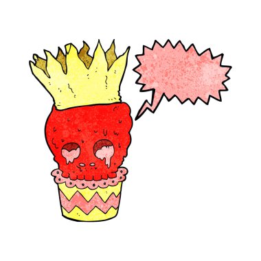 Konuşma baloncuklu ürkütücü kafatası keki.