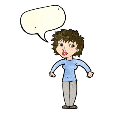 Çizgi filmdeki kadın konuşma balonuyla omuz silkiyor.