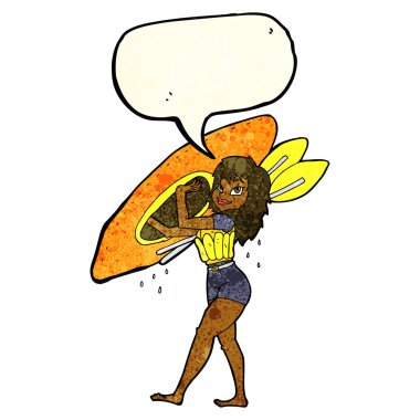 Konuşma balonlu kano taşıyan karikatür kadın.